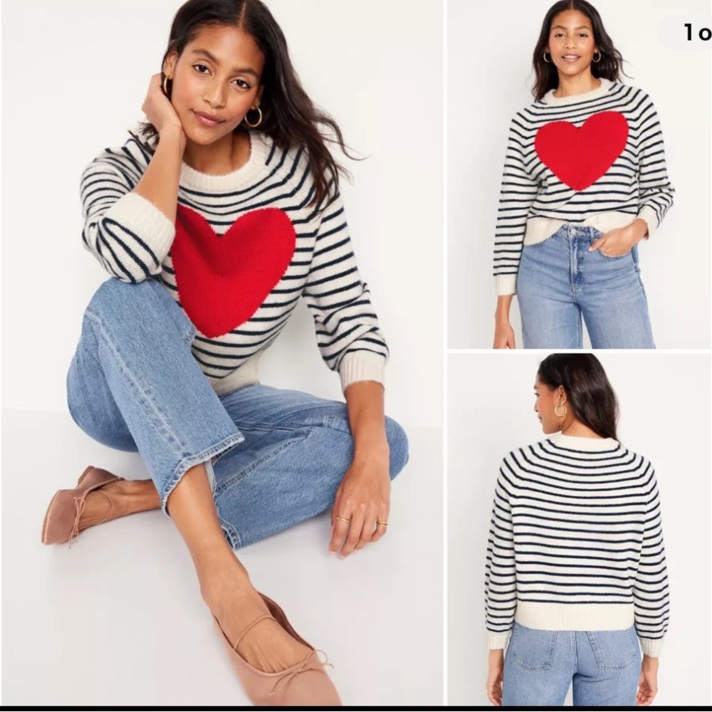 Old Navy heart stripe crop sweater Valentine’s Day romantic love sz Large
